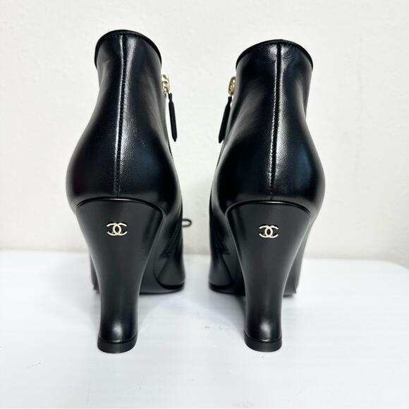CHANEL Black Ankle Boots Size 37 Bow Accent NEW - Picture 6 of 12